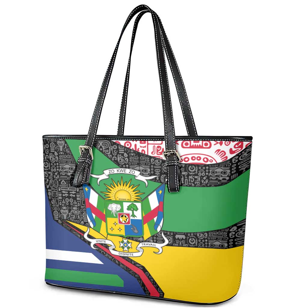 Central African Republic Leather Tote Bag with Multicolor Tribal Design and National Emblem - Wonder Print Shop