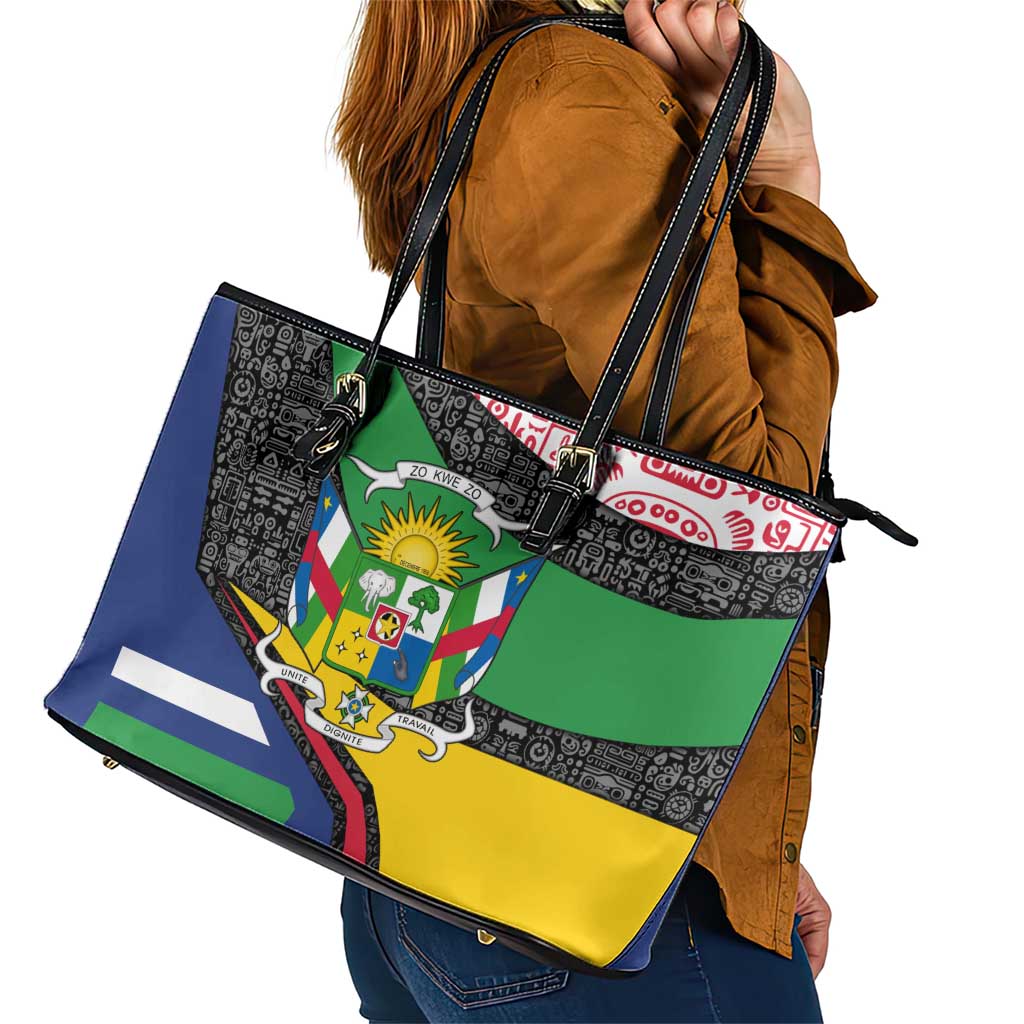 Central African Republic Leather Tote Bag with Multicolor Tribal Design and National Emblem - Wonder Print Shop