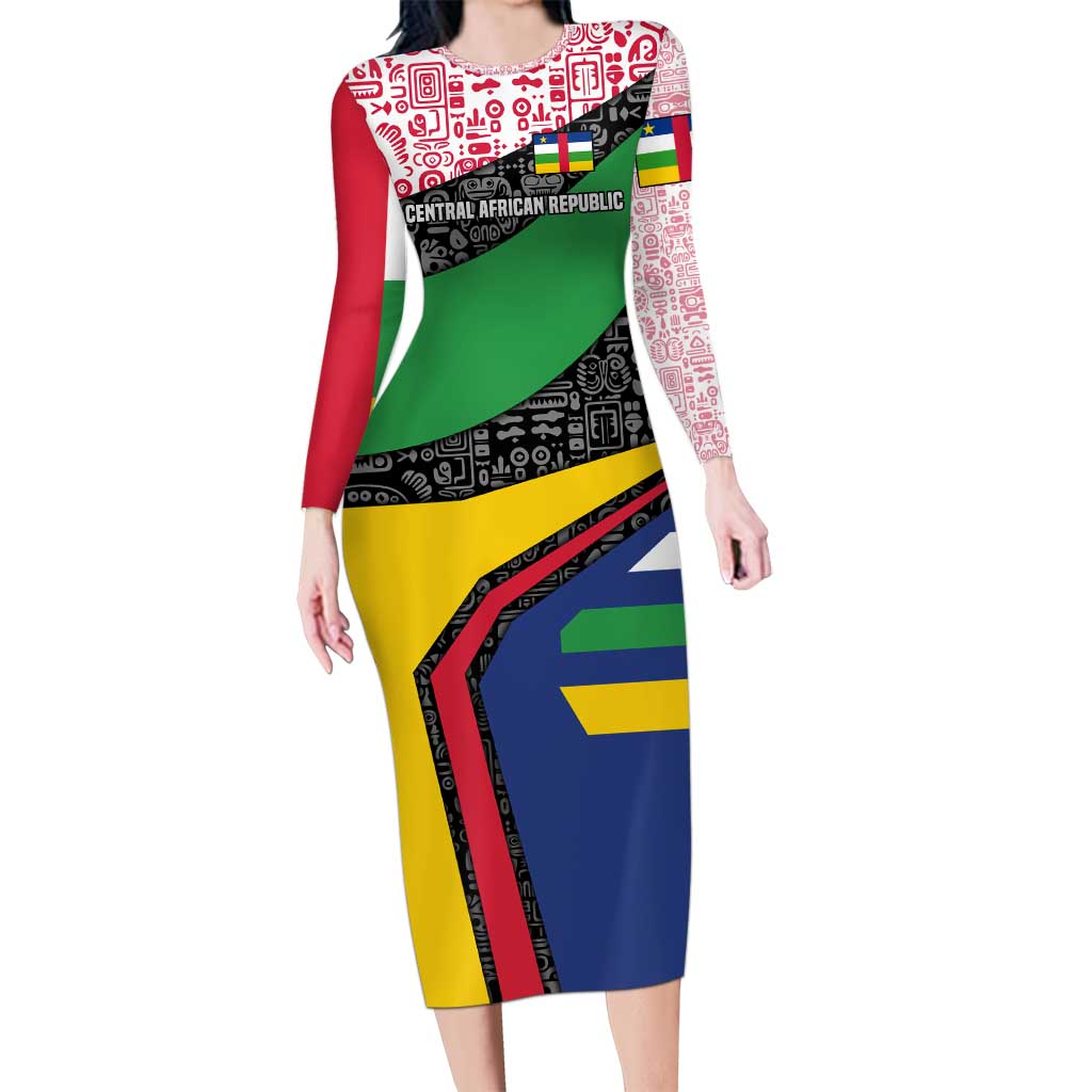 Central African Republic Long Sleeve Bodycon Dress with Multicolor Tribal Design and National Emblem - Wonder Print Shop