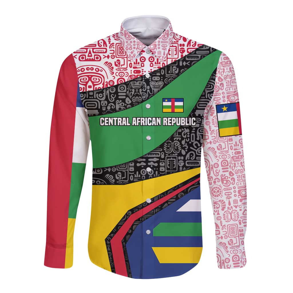 Central African Republic Long Sleeve Button Shirt with Multicolor Tribal Design and National Emblem - Wonder Print Shop