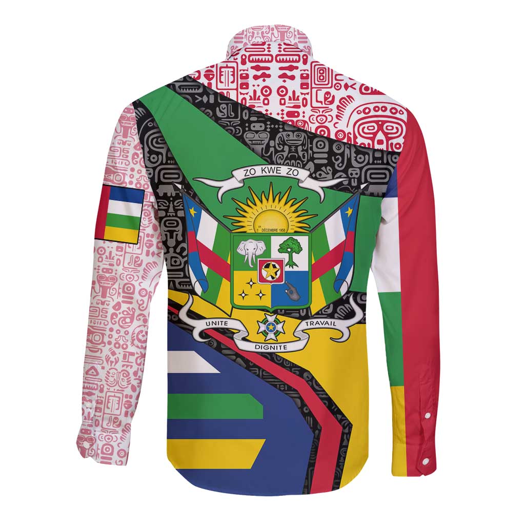 Central African Republic Long Sleeve Button Shirt with Multicolor Tribal Design and National Emblem - Wonder Print Shop