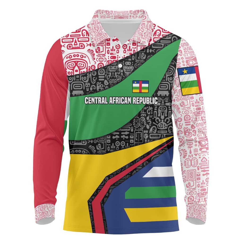 Central African Republic Long Sleeve Polo Shirt with Multicolor Tribal Design and National Emblem - Wonder Print Shop
