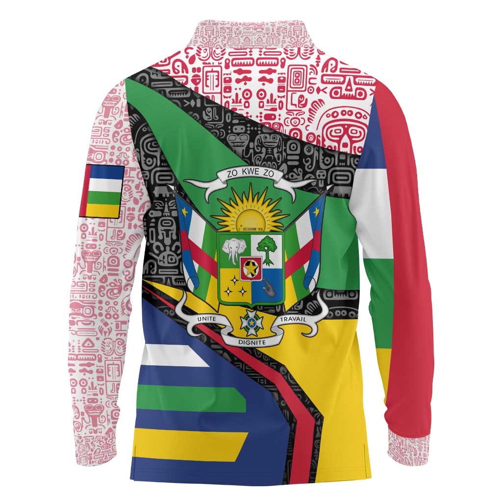 Central African Republic Long Sleeve Polo Shirt with Multicolor Tribal Design and National Emblem - Wonder Print Shop