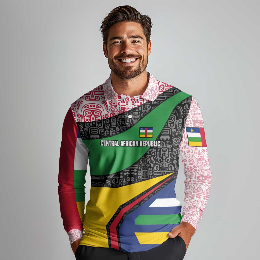 Central African Republic Long Sleeve Polo Shirt with Multicolor Tribal Design and National Emblem - Wonder Print Shop