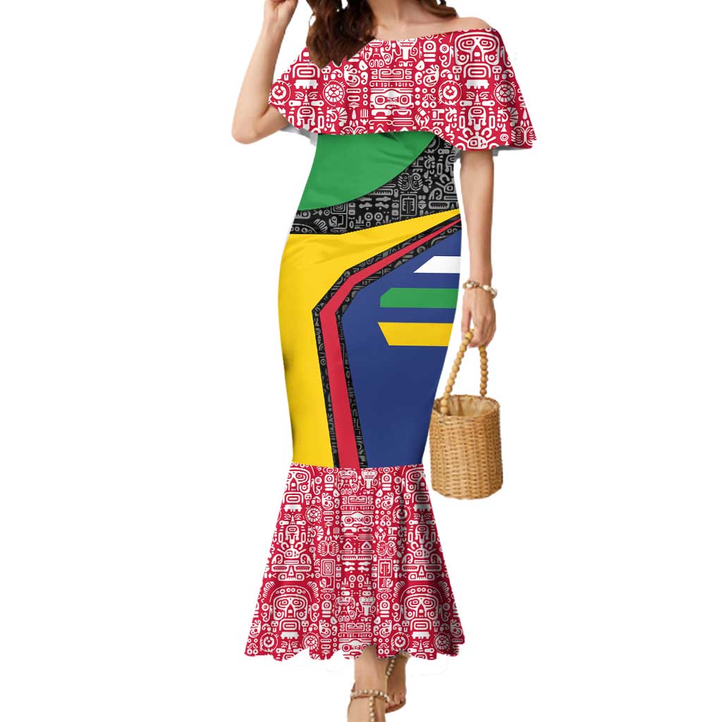 Central African Republic Mermaid Dress with Multicolor Tribal Design and National Emblem - Wonder Print Shop