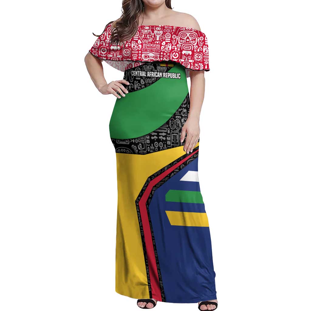 Central African Republic Off Shoulder Maxi Dress with Multicolor Tribal Design and National Emblem - Wonder Print Shop