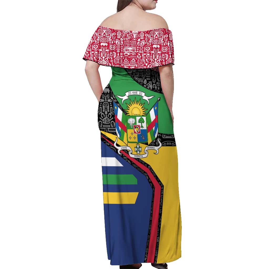 Central African Republic Off Shoulder Maxi Dress with Multicolor Tribal Design and National Emblem - Wonder Print Shop