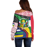 Central African Republic Off Shoulder Sweater with Multicolor Tribal Design and National Emblem - Wonder Print Shop