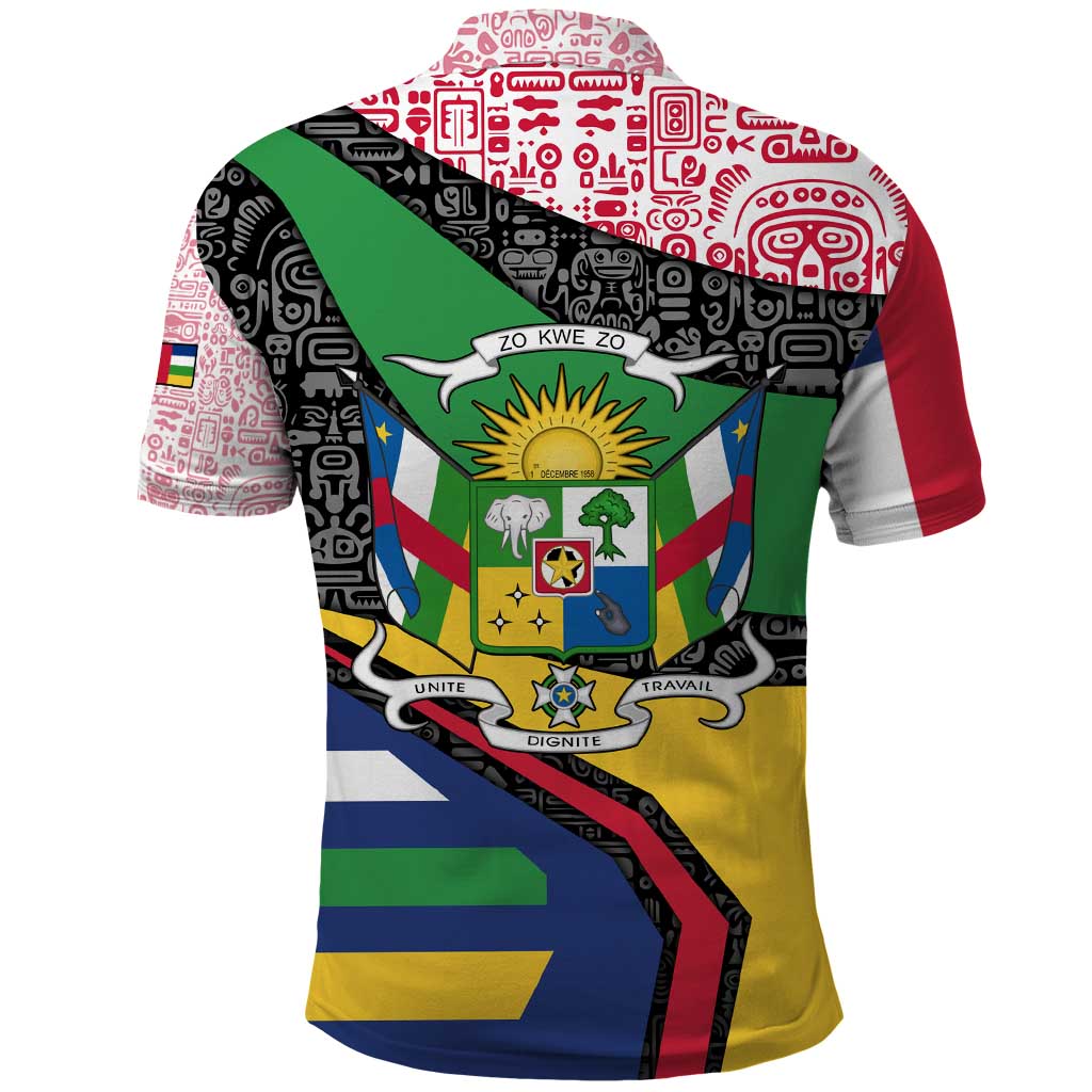 Central African Republic Polo Shirt with Multicolor Tribal Design and National Emblem - Wonder Print Shop