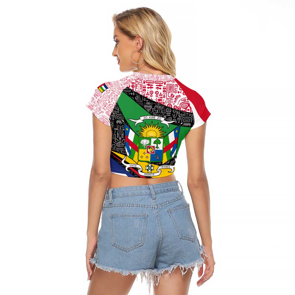 Central African Republic Raglan Cropped T Shirt with Multicolor Tribal Design and National Emblem - Wonder Print Shop