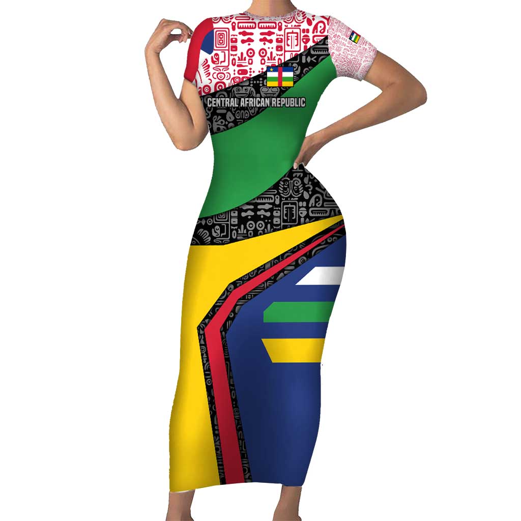 Central African Republic Short Sleeve Bodycon Dress with Multicolor Tribal Design and National Emblem - Wonder Print Shop