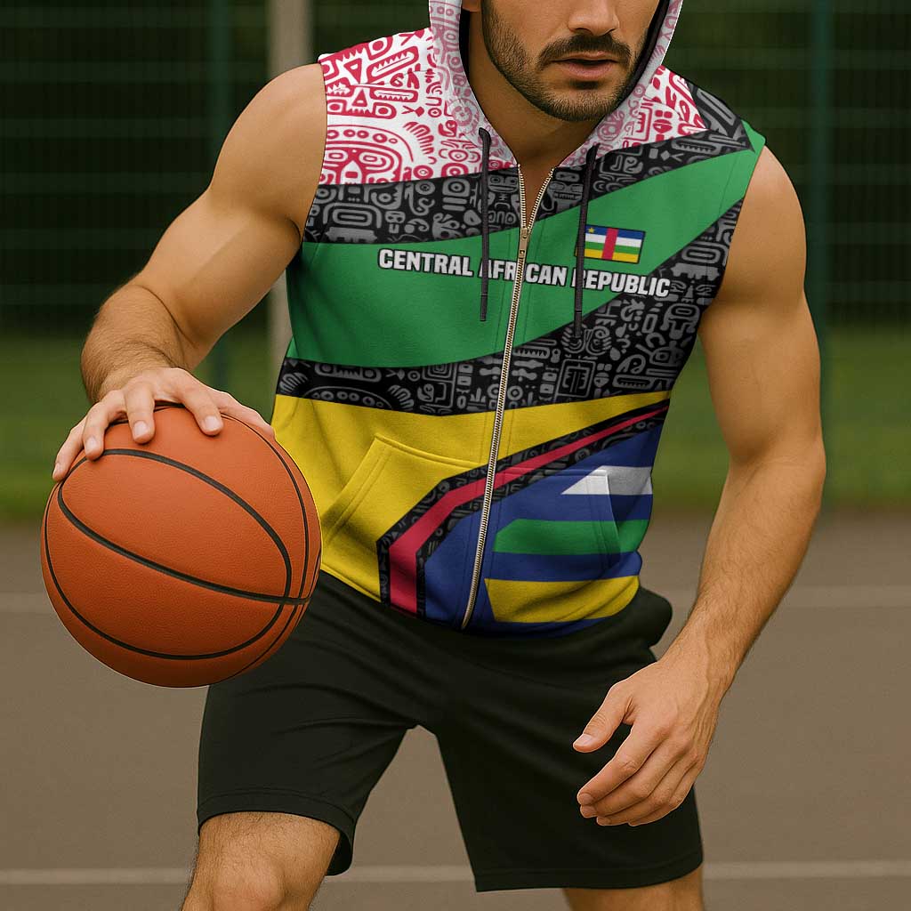 Central African Republic Sleeveless Zip Hoodie with Multicolor Tribal Design and National Emblem - Wonder Print Shop