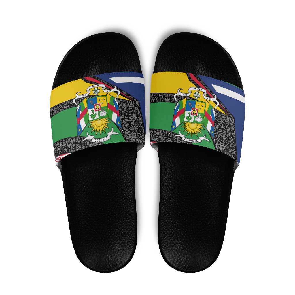 Central African Republic Slide Sandals with Multicolor Tribal Design and National Emblem - Wonder Print Shop