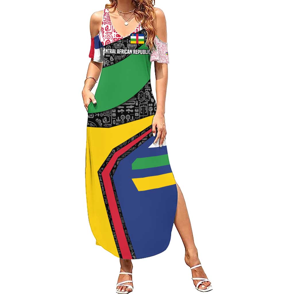 Central African Republic Summer Maxi Dress with Multicolor Tribal Design and National Emblem - Wonder Print Shop