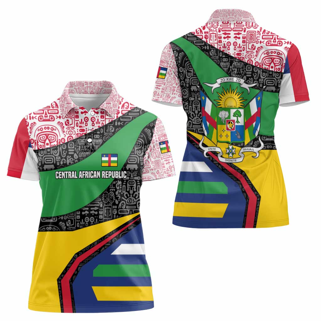 Central African Republic Women Polo Shirt with Multicolor Tribal Design and National Emblem - Wonder Print Shop