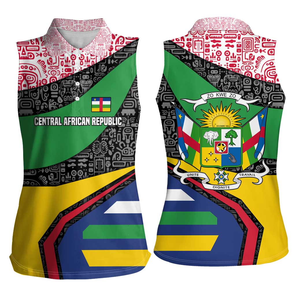 Central African Republic Women Sleeveless Polo Shirt with Multicolor Tribal Design and National Emblem - Wonder Print Shop