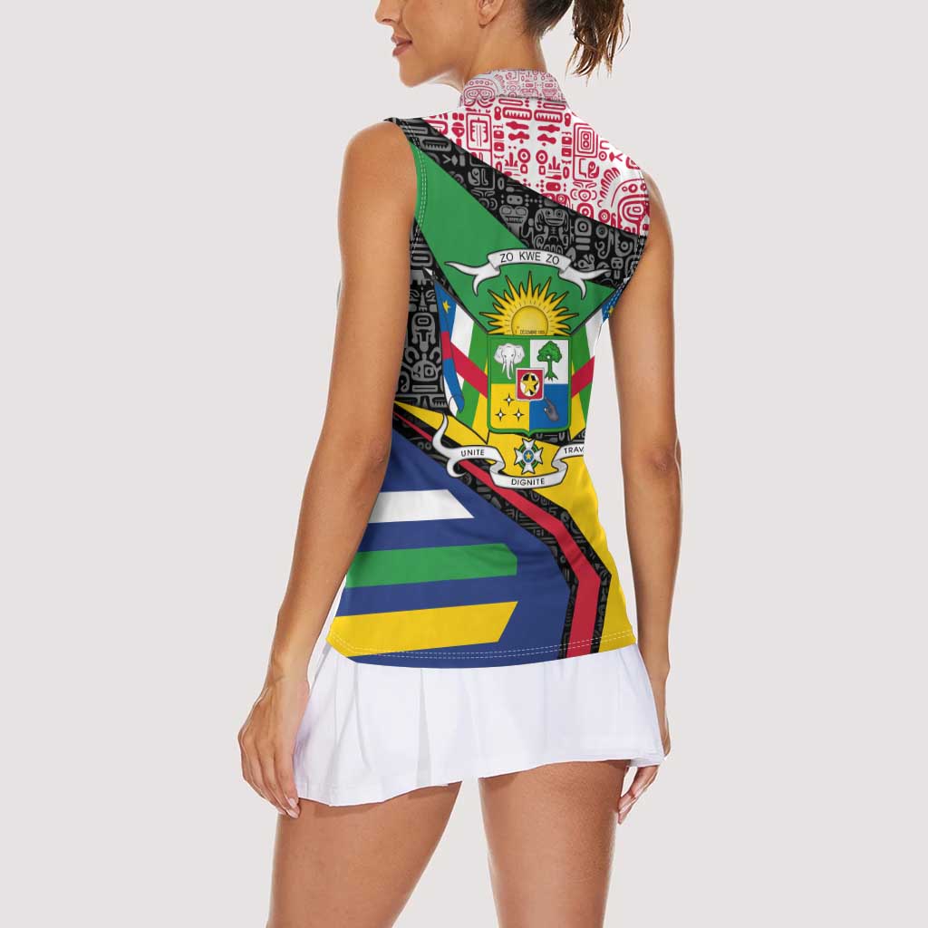 Central African Republic Women Sleeveless Polo Shirt with Multicolor Tribal Design and National Emblem - Wonder Print Shop