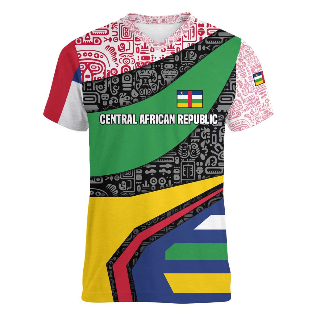 Central African Republic Women V-Neck T-Shirt with Multicolor Tribal Design and National Emblem - Wonder Print Shop
