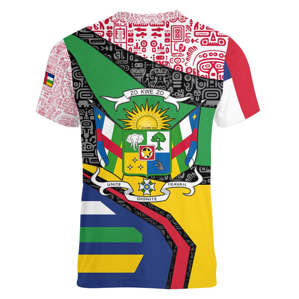 Central African Republic Women V-Neck T-Shirt with Multicolor Tribal Design and National Emblem - Wonder Print Shop