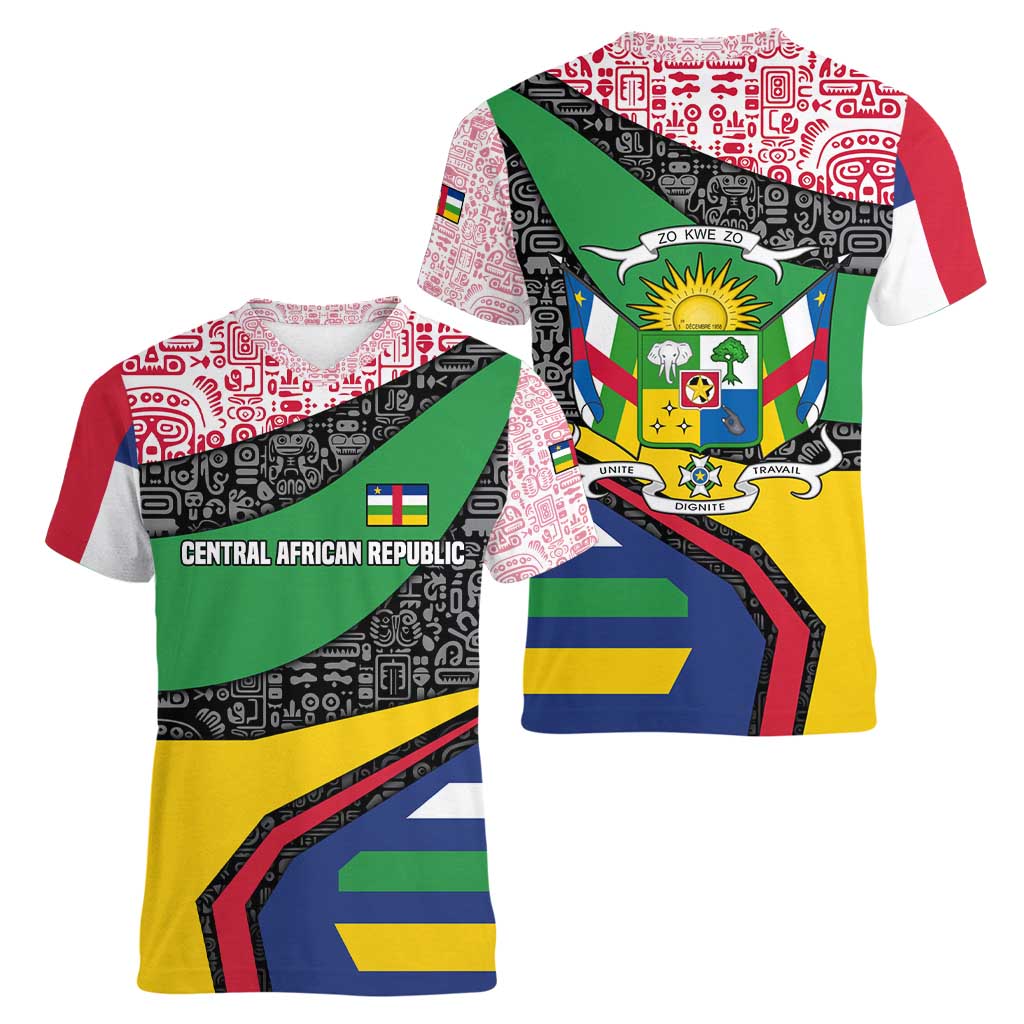 Central African Republic Women V-Neck T-Shirt with Multicolor Tribal Design and National Emblem - Wonder Print Shop