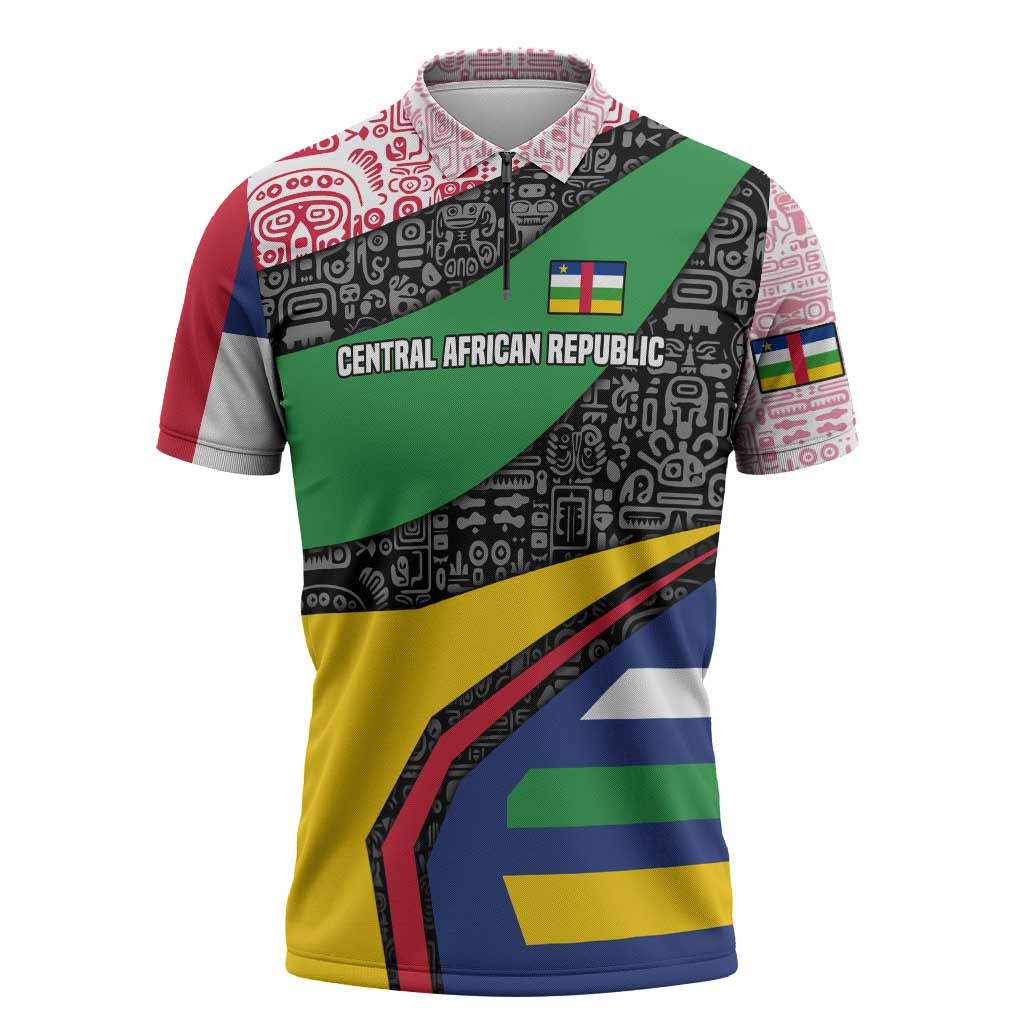 Central African Republic Zipper Polo Shirt with Multicolor Tribal Design and National Emblem - Wonder Print Shop