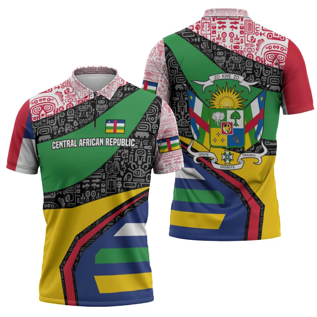 Central African Republic Zipper Polo Shirt with Multicolor Tribal Design and National Emblem - Wonder Print Shop