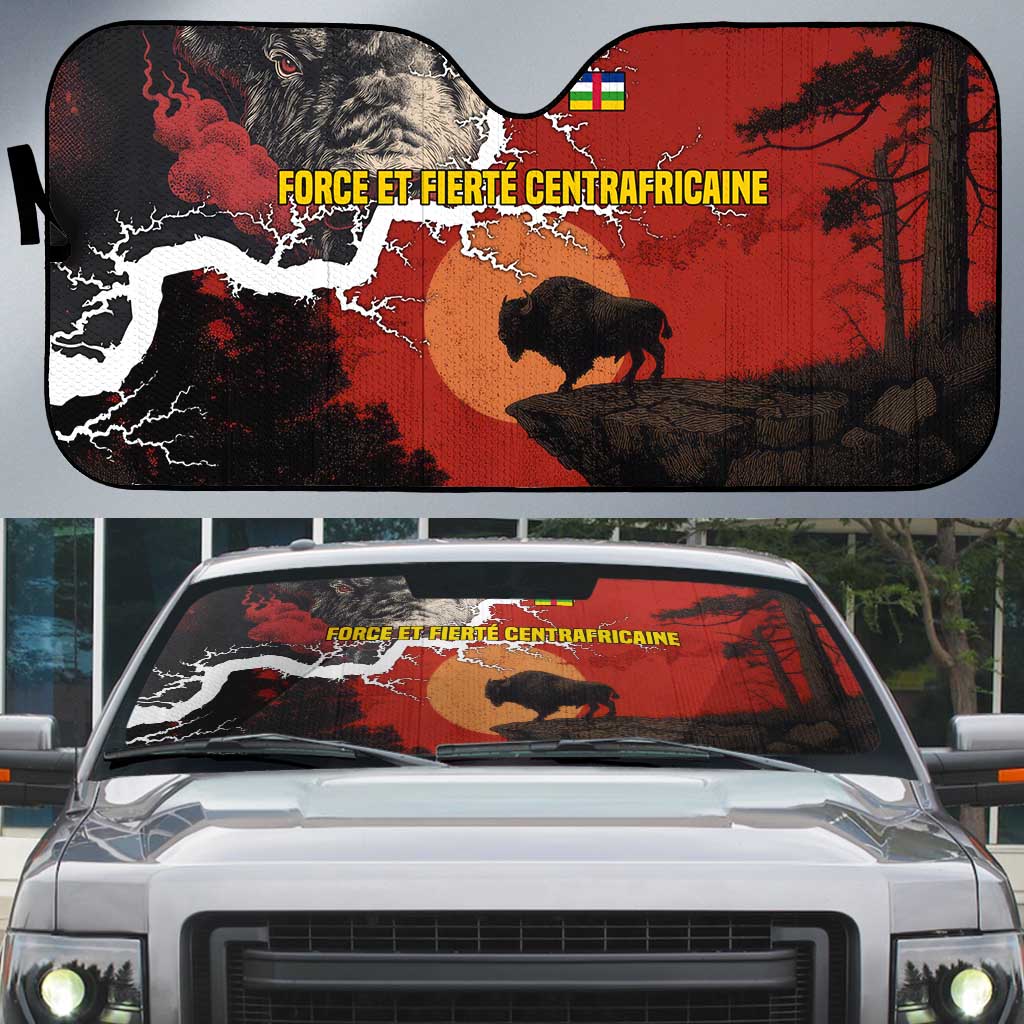 Central African Republic Auto Sun Shade with Red Black Nature Design and Buffalo Pattern - Wonder Print Shop