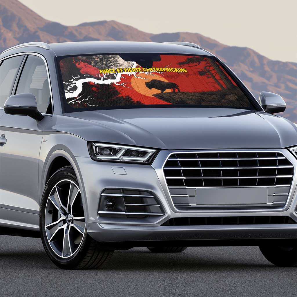 Central African Republic Auto Sun Shade with Red Black Nature Design and Buffalo Pattern - Wonder Print Shop