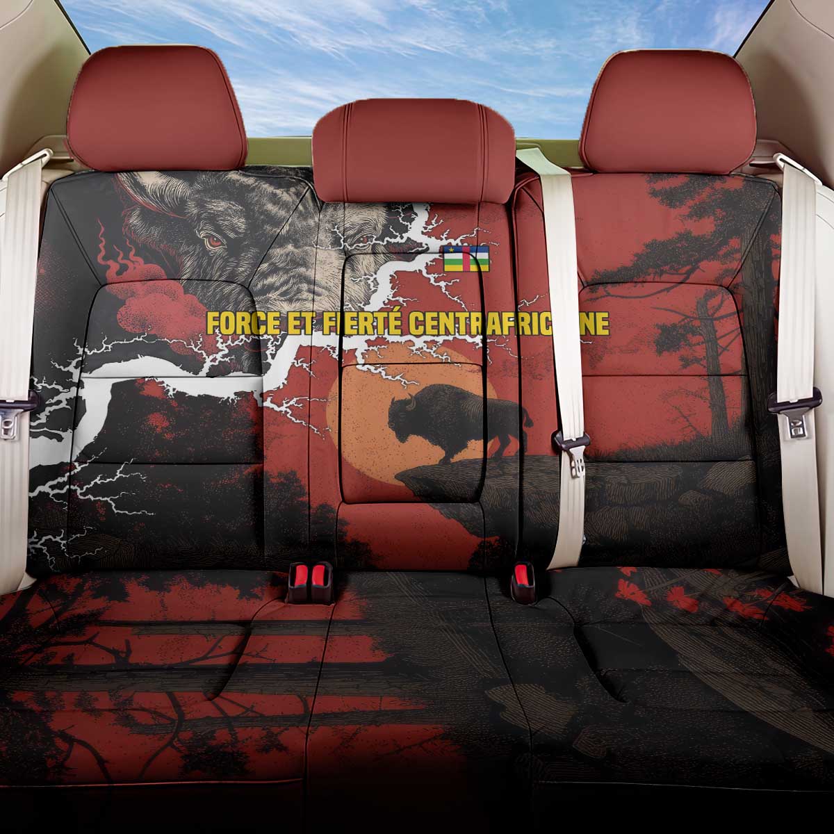 Central African Republic Back Car Seat Cover with Red Black Nature Design and Buffalo Pattern - Wonder Print Shop