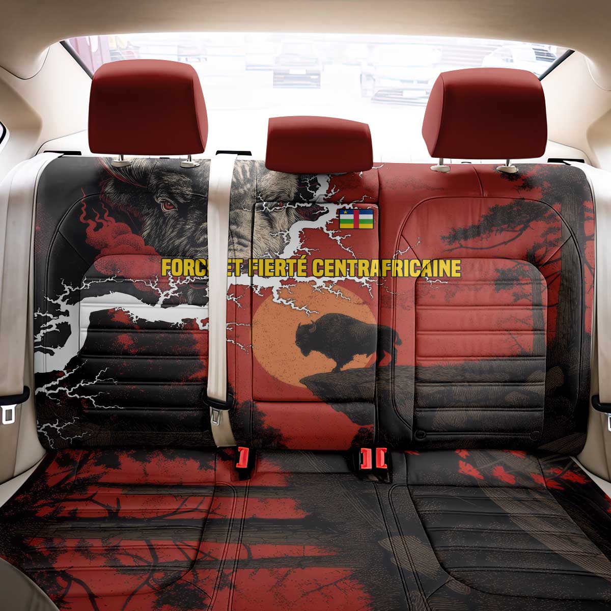 Central African Republic Back Car Seat Cover with Red Black Nature Design and Buffalo Pattern - Wonder Print Shop