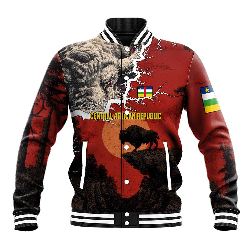 Central African Republic Baseball Jacket with Red Black Nature Design and Buffalo Pattern - Wonder Print Shop