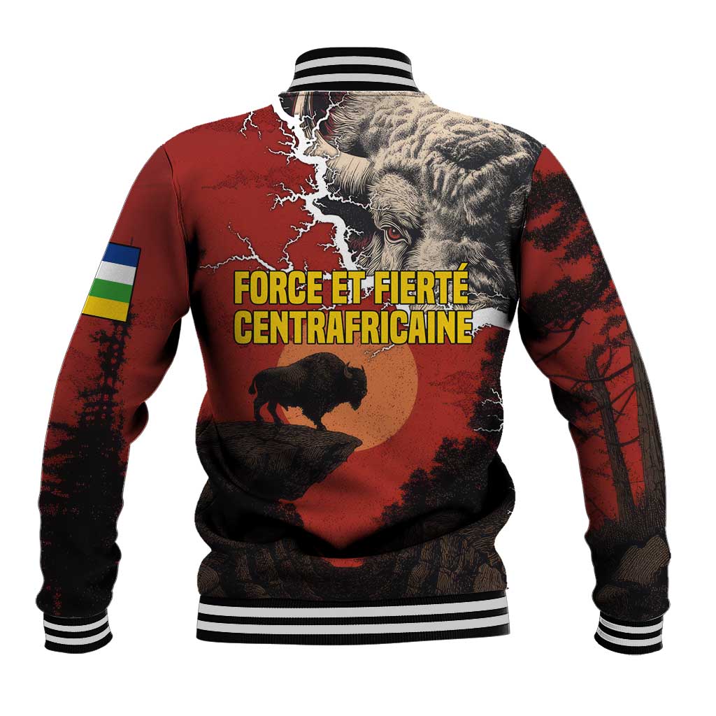 Central African Republic Baseball Jacket with Red Black Nature Design and Buffalo Pattern - Wonder Print Shop