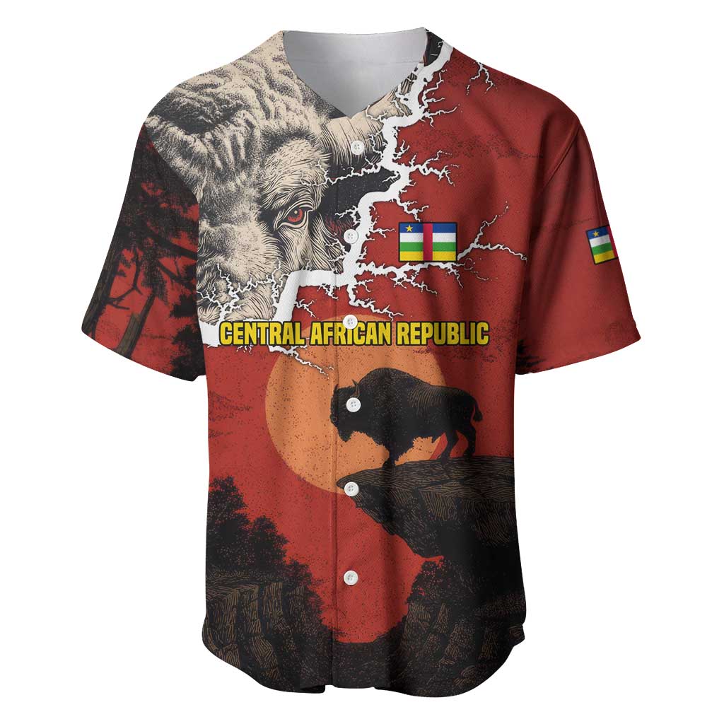 Central African Republic Baseball Jersey with Red Black Nature Design and Buffalo Pattern - Wonder Print Shop