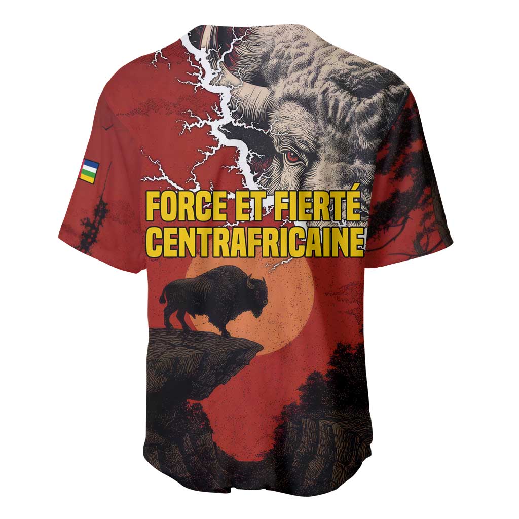 Central African Republic Baseball Jersey with Red Black Nature Design and Buffalo Pattern - Wonder Print Shop