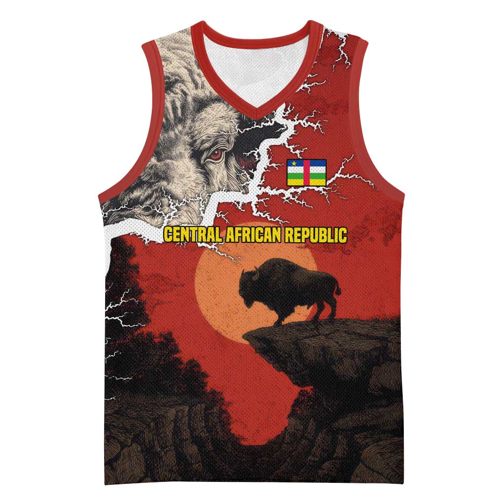 Central African Republic Basketball Jersey with Red Black Nature Design and Buffalo Pattern - Wonder Print Shop