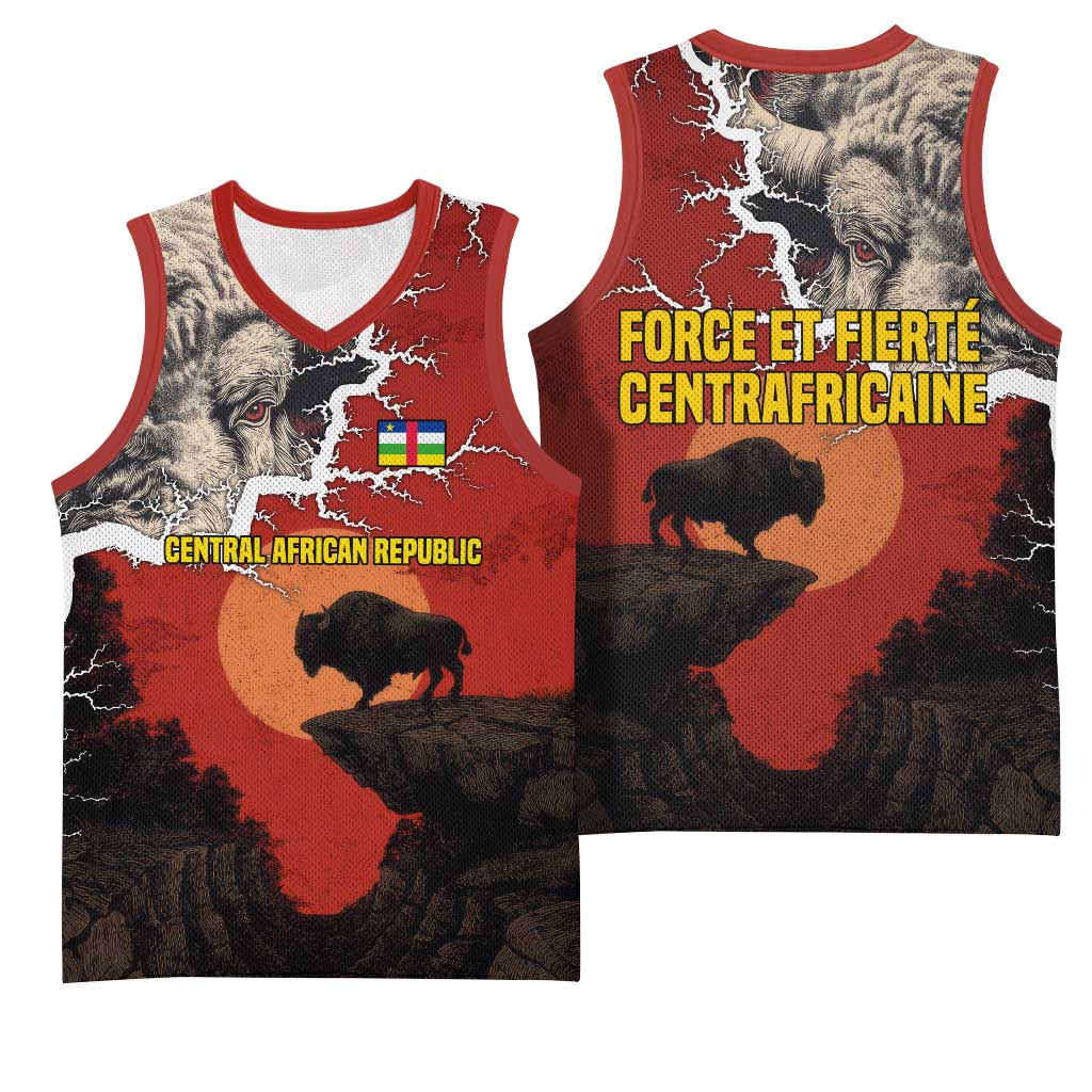 Central African Republic Basketball Jersey with Red Black Nature Design and Buffalo Pattern - Wonder Print Shop