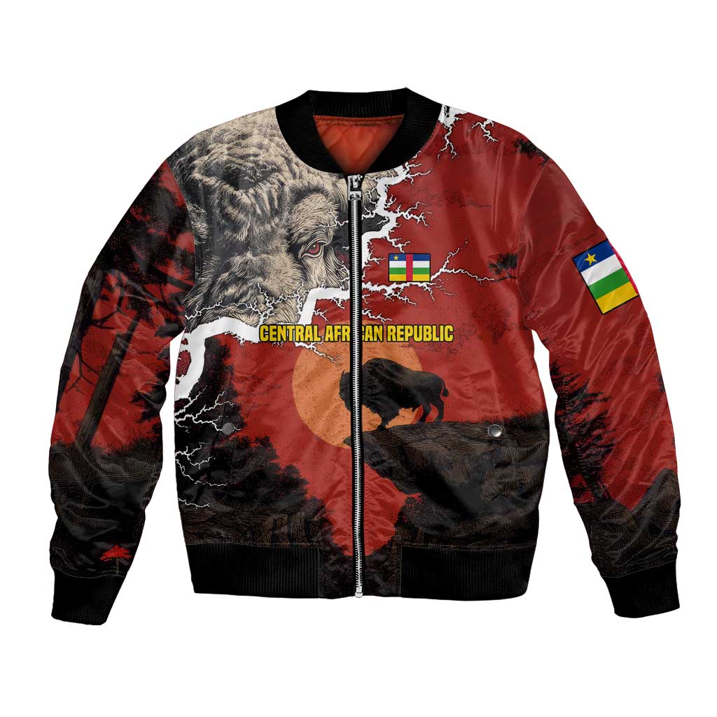 Central African Republic Bomber Jacket with Red Black Nature Design and Buffalo Pattern - Wonder Print Shop