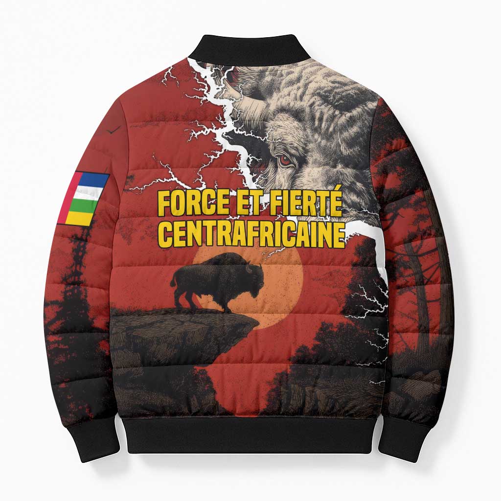 Central African Republic Bomber Puffer Jacket with Red Black Nature Design and Buffalo Pattern - Wonder Print Shop