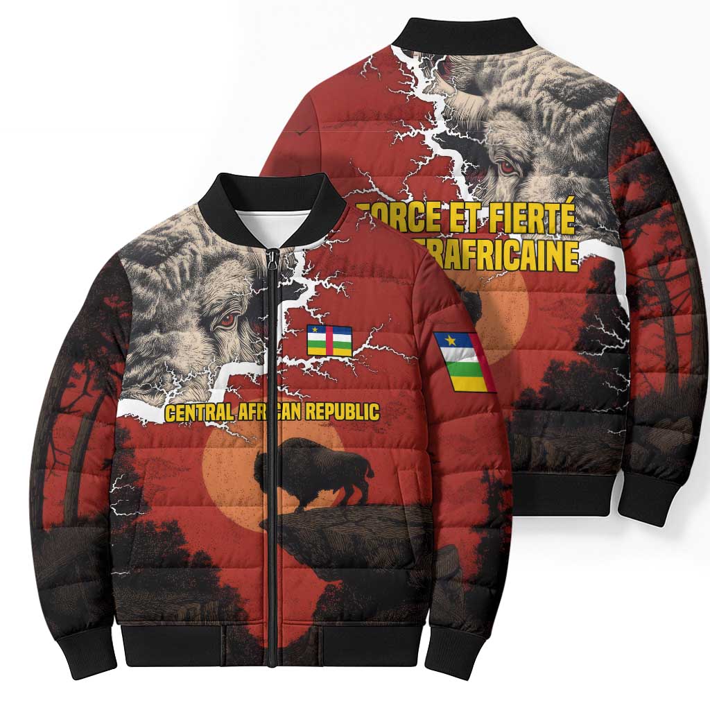 Central African Republic Bomber Puffer Jacket with Red Black Nature Design and Buffalo Pattern - Wonder Print Shop