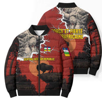 Central African Republic Bomber Puffer Jacket with Red Black Nature Design and Buffalo Pattern - Wonder Print Shop