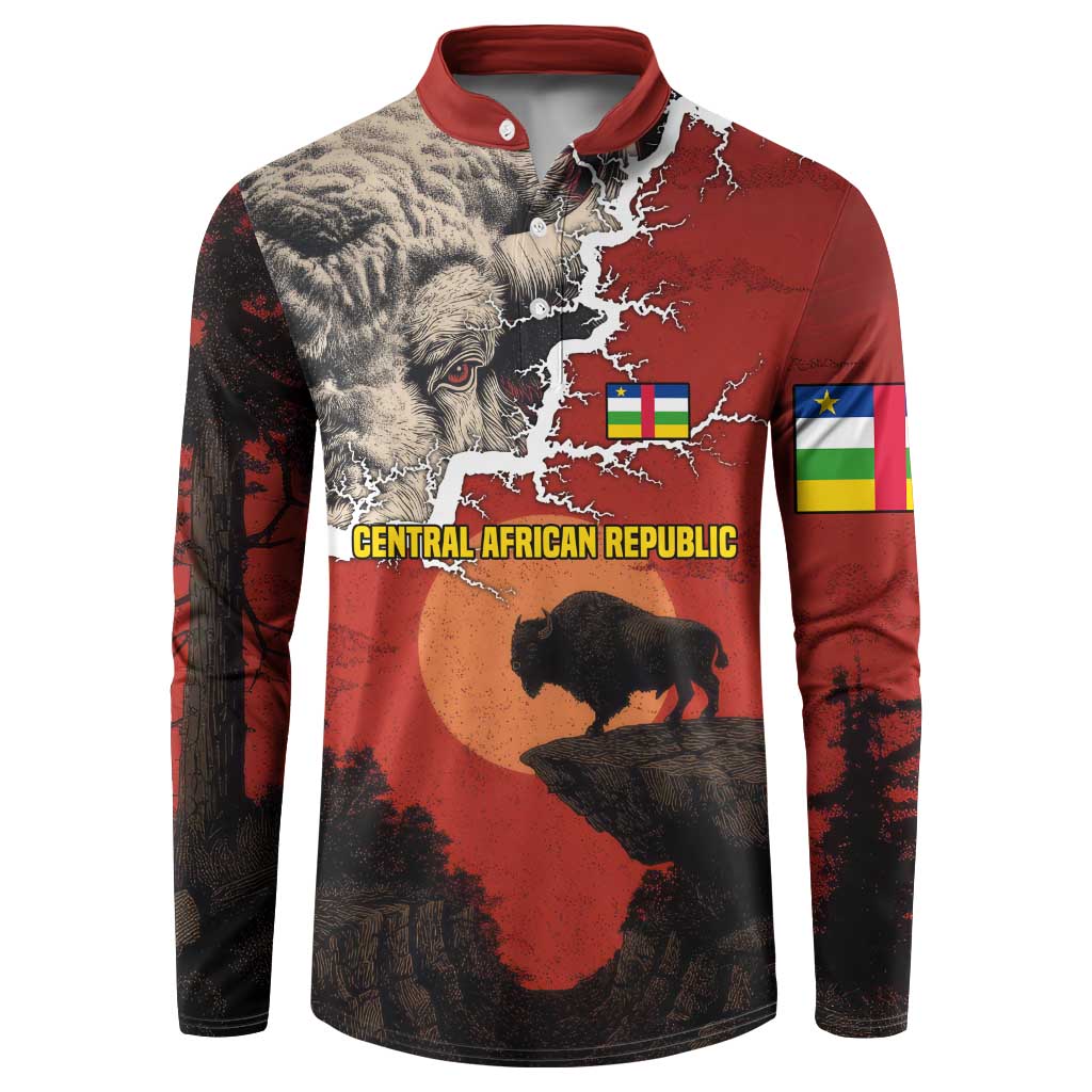 Central African Republic Button Sweatshirt with Red Black Nature Design and Buffalo Pattern - Wonder Print Shop