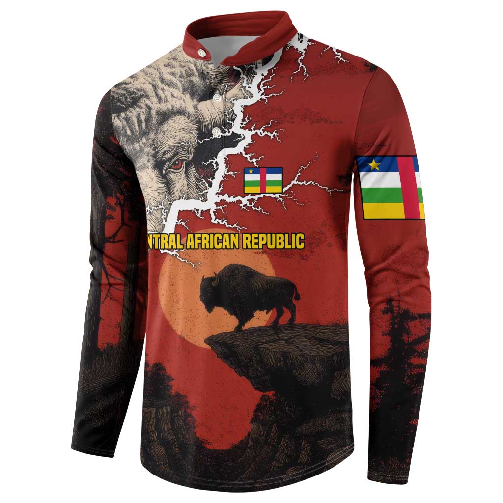 Central African Republic Button Sweatshirt with Red Black Nature Design and Buffalo Pattern - Wonder Print Shop