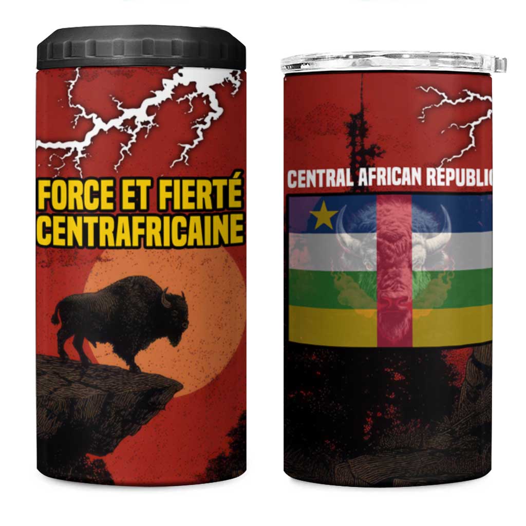 Central African Republic 4 in 1 Can Cooler Tumbler with Red Black Nature Design and Buffalo Pattern - Wonder Print Shop