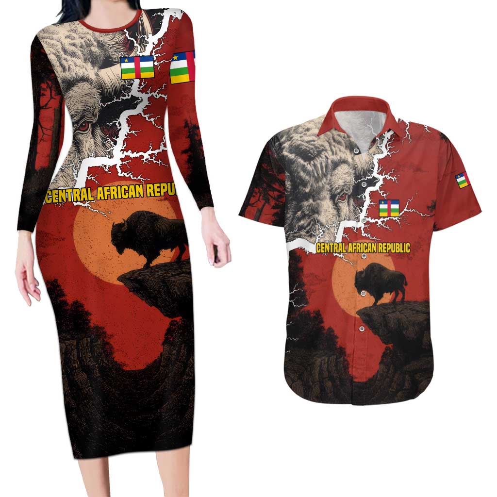 Central African Republic Couples Matching Long Sleeve Bodycon Dress and Hawaiian Shirt with Red Black Nature Design and Buffalo Pattern - Wonder Print Shop