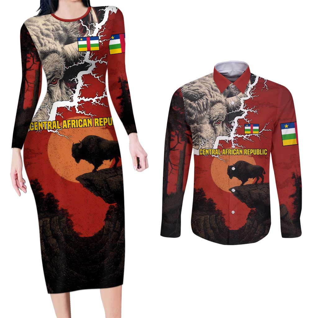Central African Republic Couples Matching Long Sleeve Bodycon Dress and Long Sleeve Button Shirt with Red Black Nature Design and Buffalo Pattern - Wonder Print Shop