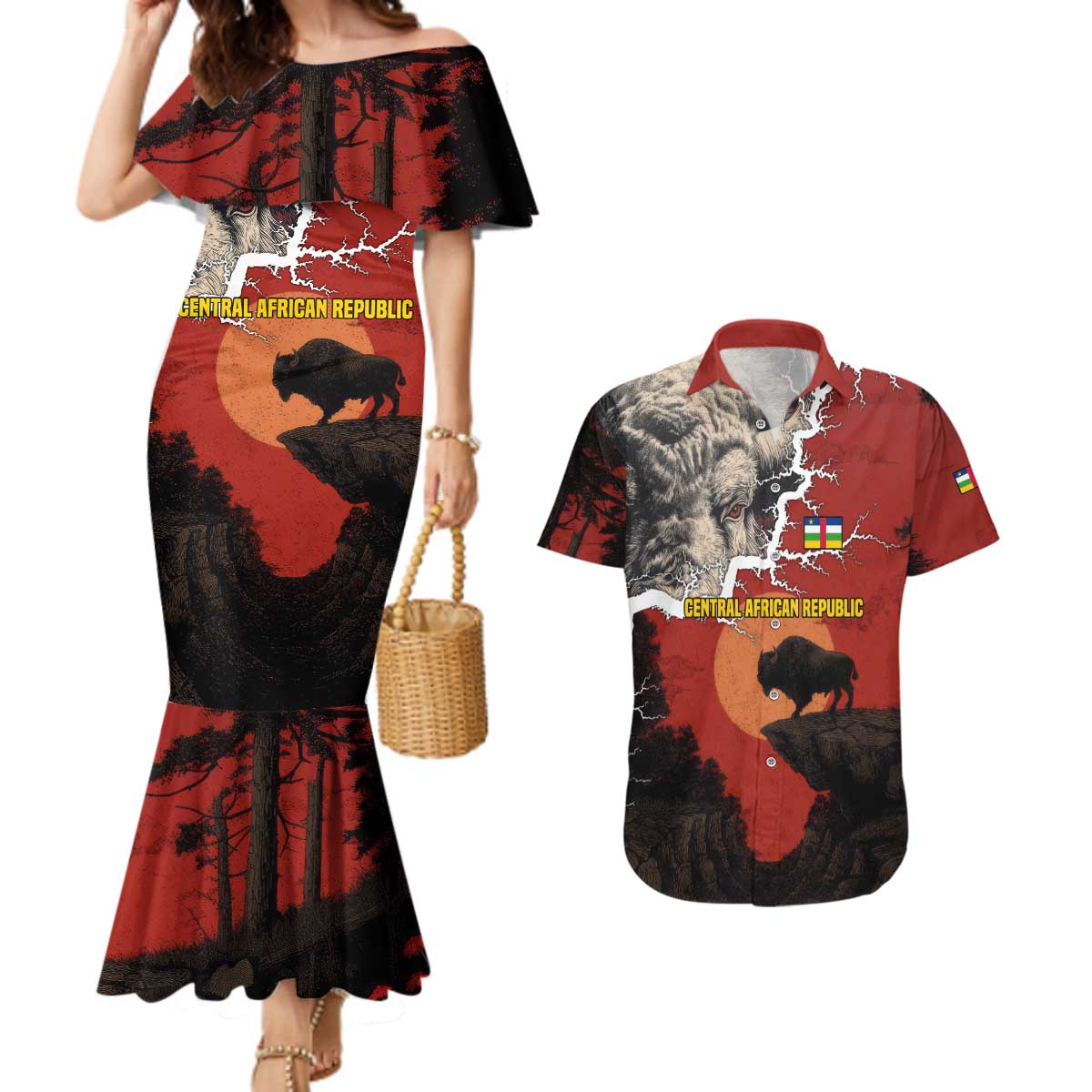 Central African Republic Couples Matching Mermaid Dress and Hawaiian Shirt with Red Black Nature Design and Buffalo Pattern - Wonder Print Shop