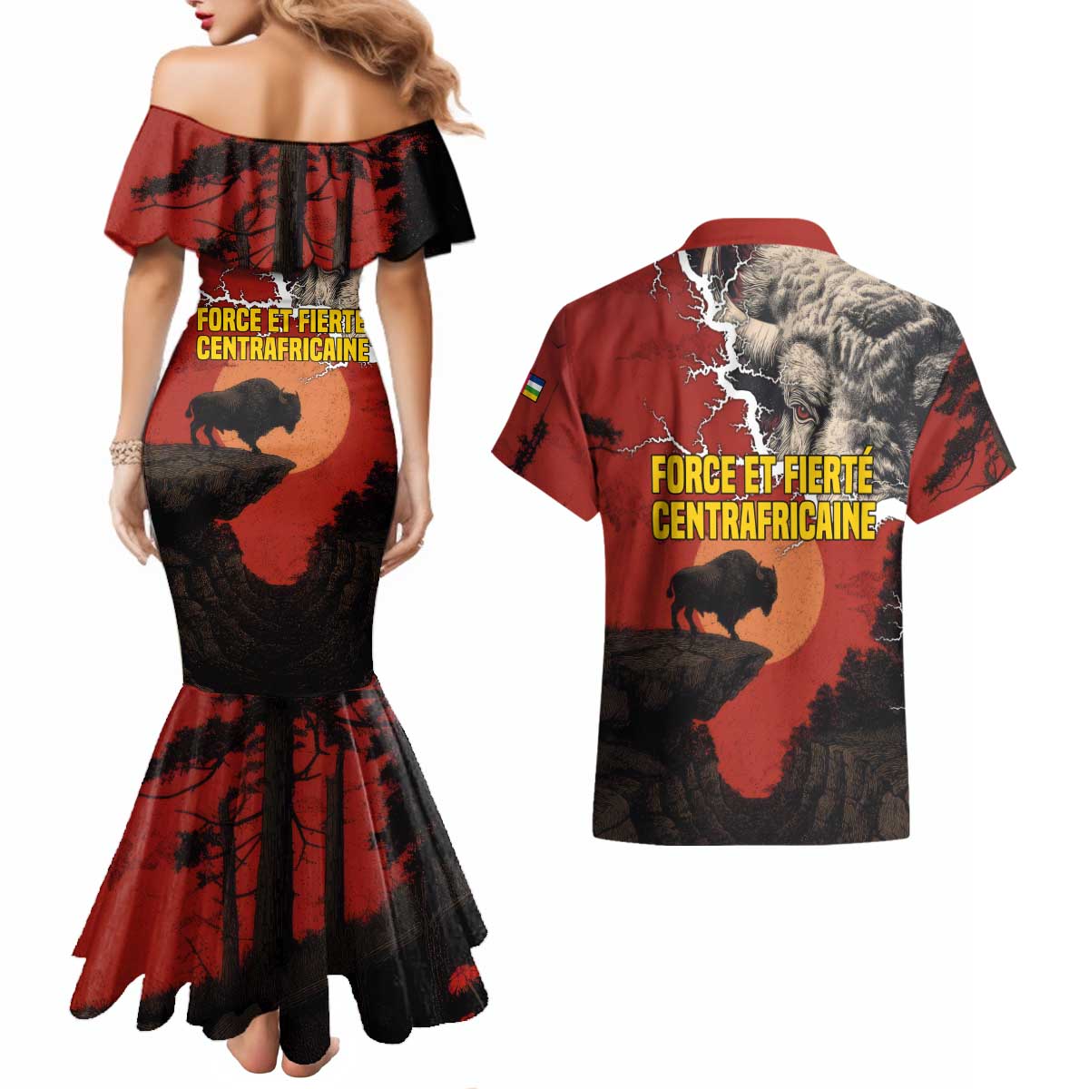 Central African Republic Couples Matching Mermaid Dress and Hawaiian Shirt with Red Black Nature Design and Buffalo Pattern - Wonder Print Shop