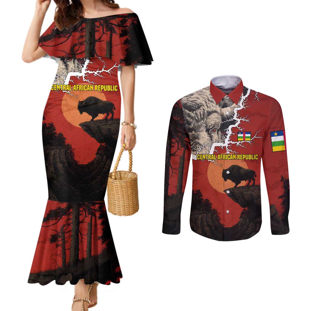 Central African Republic Couples Matching Mermaid Dress and Long Sleeve Button Shirt with Red Black Nature Design and Buffalo Pattern - Wonder Print Shop