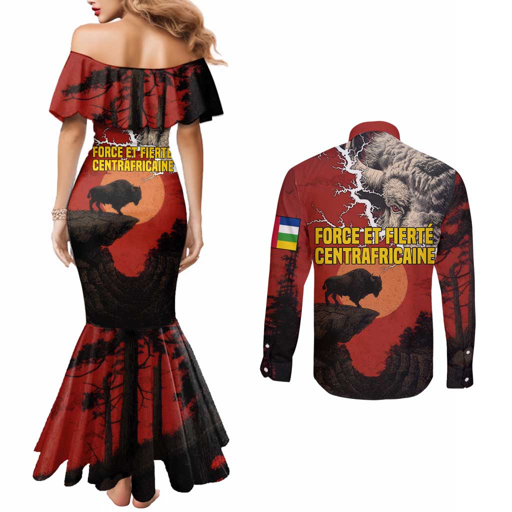 Central African Republic Couples Matching Mermaid Dress and Long Sleeve Button Shirt with Red Black Nature Design and Buffalo Pattern - Wonder Print Shop