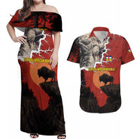 Central African Republic Couples Matching Off Shoulder Maxi Dress and Hawaiian Shirt with Red Black Nature Design and Buffalo Pattern - Wonder Print Shop